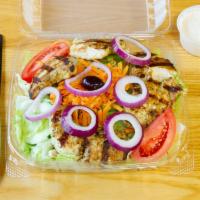 Chicken Kabob Salad · Pita, house dressing, lettuce, tomato, green pepper, carrots, cucumber, olives, feta, onion ...
