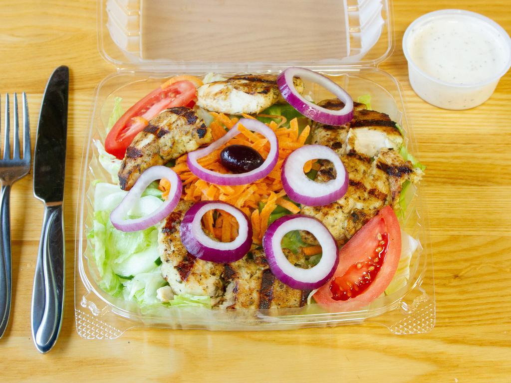 Chicken Kabob Salad · Pita, house dressing, lettuce, tomato, green pepper, carrots, cucumber, olives, feta, onion and grill chicken.