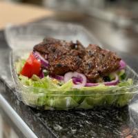 Steak Tip Salad · Pita, house dressing, lettuce, tomato, green pepper, carrots, cucumber, olives, feta, onion ...