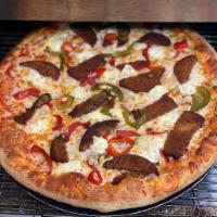 Melanzana Pizza · Pizza sauce, cheese, eggplant, ricotta, roasted peppers and onions.