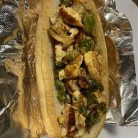 Chix Bomb Hot Sub · Made with American, green pepper, onion, mushrooms and chicken.