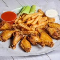 8 Chicken Wings · Served with celery, blue cheese and french fries. Choice of sauce.