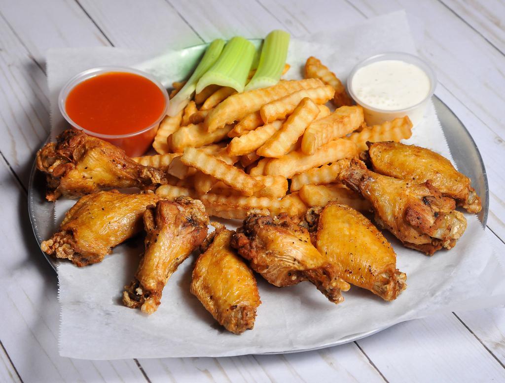 8 Chicken Wings · Served with celery, blue cheese and french fries. Choice of sauce.