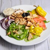 Greek Salad · Served with lettuce, tomato, onions, mushrooms, green peppers, banana peppers, pepperoncini ...