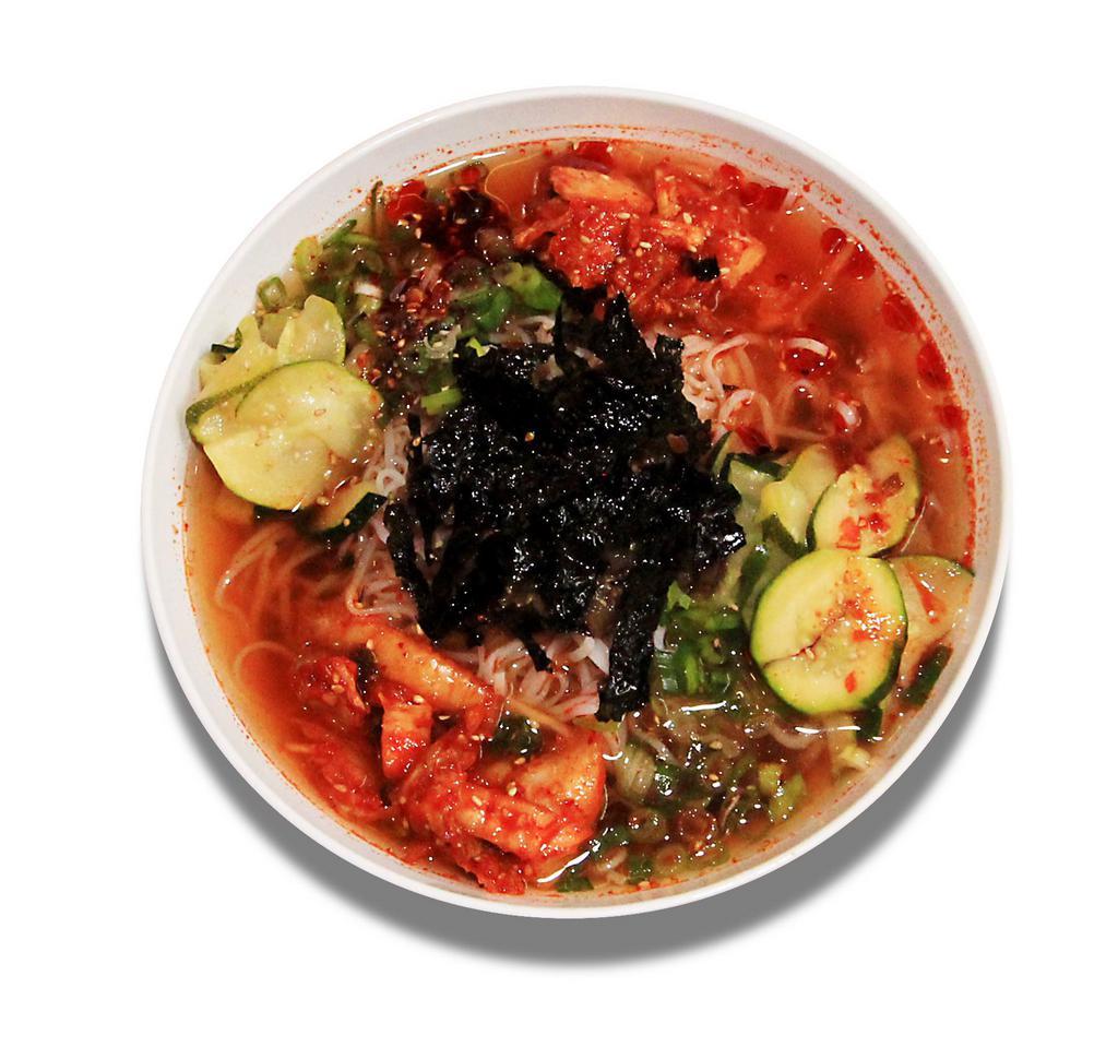 Festival Noodle Soup · Zucchini, kimchi, ground beef or tofu, egg, and roasted seaweed.