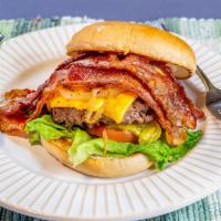 The Bacon Barron Burger · 100% naturally seasoned organic ground beef patty, cheddar cheese, thick slices of bacon, to...