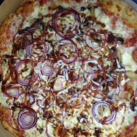 BBQ Chicken Pizza · Pizza sauce, mozzarella cheese, chicken, onions and fresh mushrooms. 