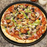 Straw Hat's the Works Pizza · Salami, ham, sausage, pepperoni, linguica, ground beef, mushrooms, olives and bell peppers.