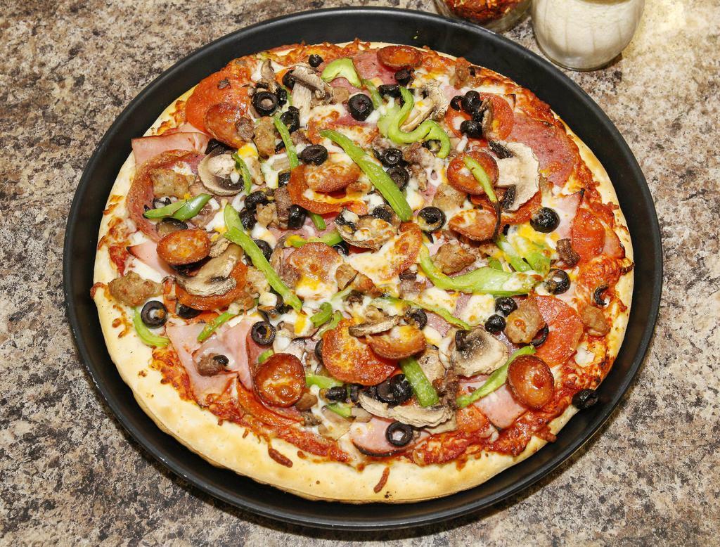 Straw Hat's the Works Pizza · Salami, ham, sausage, pepperoni, linguica, ground beef, mushrooms, olives and bell peppers.