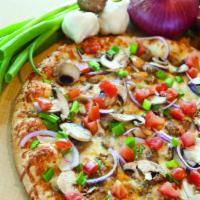 Garlicky Chicken Pizza · Chicken breast, garlic, mushrooms, tomatoes, red onions and white sauce.