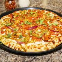 Indian Tikka Pizza · Chicken or paneer, bell peppers, cilantro, tomatoes sauce and blue cheese dressing.