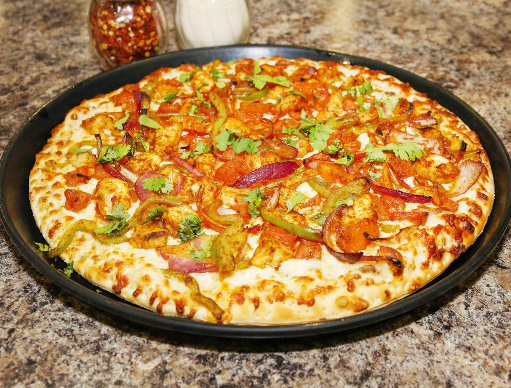 Indian Tikka Pizza · Chicken or paneer, bell peppers, cilantro, tomatoes sauce and blue cheese dressing.