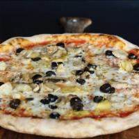 Capricciosa Pizza · Tomato sauce, cheese, ham, artichokes, olives, mushrooms.