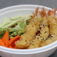 Tempura Shrimp Poke Bowl · Rice, tempura shrimp, lettuce, cucumber, avocado, edamame, seaweed salad, carrot, masago, sh...