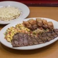 Calentado con Carne y Huevos · Al gusto. Refried beans, rice, fried pork skin, eggs, steak, corn cake with cheese and hot c...