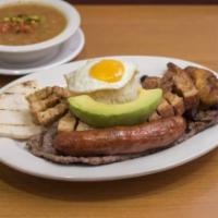 Bandeja Paisa con Chorizo · Grilled steak rice, beans, fried egg, pork fried skin, pork sausage, sweet plantain, and cor...