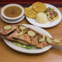 Pargo Rojo Grande · Whole deep-fried snapper. Served with red beans, white rice, green plantain and salad.
