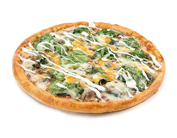 Sarpino's Alfredo Spinach Pizza · Alfredo sauce, spinach, Parmesan cheese, garlic, and Sarpino's gourmet cheese blend.