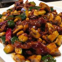 Kung Pao Beef · Served with steamed rice. Hot and spicy. 
