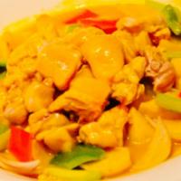 Red Curry · Thai red curry and vegetables in coconut milk. Served with steamed rice. Hot and spicy. 