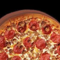 Medium 3 Meat Treat Pizza · Medium round pizza with pepperoni, sausage and bacon.