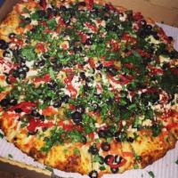 Greek Feta Pizza · White sauce, tomatoes, black olives, roasted red peppers, green olives, feta cheese and fres...