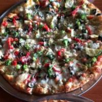 Veggie Combo Pizza · Tomato sauce, canned mushrooms, black olives, green peppers, red onions, tomatoes, green oli...
