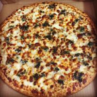 Florentine Chicken Gourmet Pizza · Grilled chicken strips, spinach with cheese and Parmesan cheese in a white sauce.
