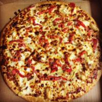Mediterranean Gourmet Pizza · Red roasted peppers, artichoke hearts, grilled chicken strips with cheese and Parmesan chees...