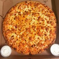 Buffalo Chicken Gourmet Pizza · Spicy buffalo sauce topped with grilled chicken strips, onions and cheese served with a side...