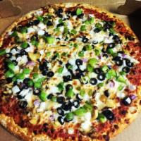 Veggie Gourmet Pizza · Mushrooms, green peppers, black olives, onions and cheese.