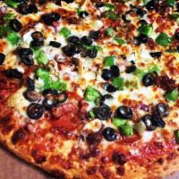 Zito Special Gourmet Pizza · Pepperoni, olives, ham, bacon, mushrooms, peppers, onions and cheese