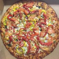 Garden Deluxe Pizza · Artichoke hearts, spinach, roasted red peppers, garlic, broccoli, onion, hot pepper rings, f...