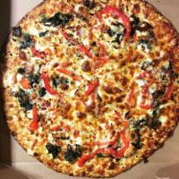 Roman Pizza · Garlic crust, no pizza sauce, roasted red peppers, spinach, grilled onions, garlic, feta che...