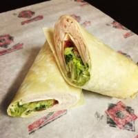 Turkey BLT Wrap · Lettuce, tomatoes, bacon, mayo and American cheese.