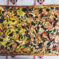 White Party Pizza · Olives, tomatoes, spinach, roasted red peppers, and banana peppers.