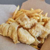 Fish and Chips · 4 pieces of fish fillets with lots of fries on the side