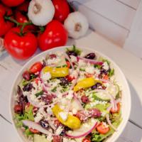 Greek Salad · Fresh greens, spring mix, Kalamata olives, pepperoncini peppers, tomatoes, red onions, cucum...