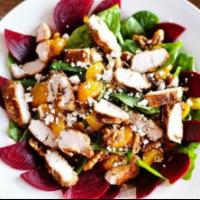 Roasted Beets Salad · Baby spinach, roasted red beets, roasted golden beets, goat cheese, mandarin oranges and sli...