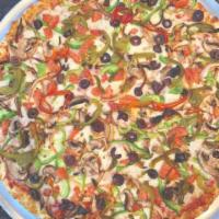 Vegetarian Pizza · Green peppers, tomatoes, mushrooms, onions, sweet peppers and Kalamata olives, topped with m...