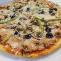 Totally Vegan (Many delicious) · Vegan Cheese, Mushroom, Olives, Green Peppers