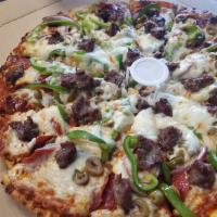 Supreme (Diamond Hands)  · Pepperoni, Italian Sausage, Green Olives, Onions, Green Peppers, and Mushrooms