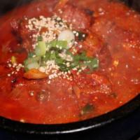 Kimchi Jjigae Soup 김치찌계 · Spicy stew made with ripened kimchi, pork and tofu. Spicy.