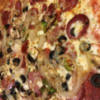 Supreme Pizza · Mozzarella, pepperoni, mushrooms, green peppers, caramelized onions, Italian sausage, black ...