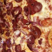 Romanos Pizza · Pepperoni, Italian sausage, pancetta, red onion, mozzarella with tomato sauce.