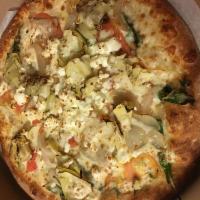 Milan Pizza · Caramelized onions, goat cheese, tomatoes, spinach, artichoke hearts, mozzarella with garlic...