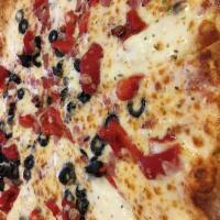 Fresh Mozzarella Pizza · Roasted red peppers, ham, olives and fresh mozzarella with tomato sauce.