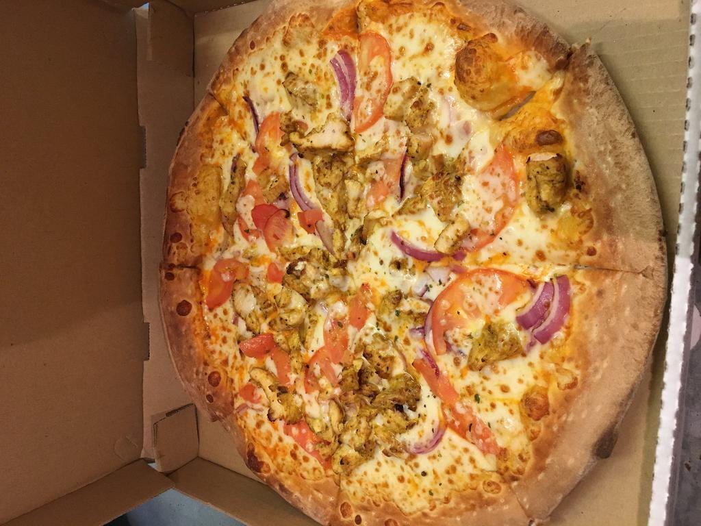 Spicy Chicken Pizza · Buffalo spicy sauce, mozzarella, chicken breast, green peppers, sun dried tomatoes and red onions.