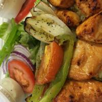 Chicken Kabob Platter · Marinated and grilled chunks of chicken breast. Served with rice, salad, grilled vegetables,...