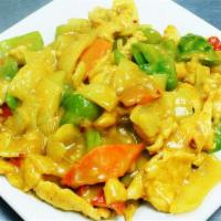 Curry Chicken · A mix of stir-fried chicken with vegetables, doused with a deliciously spicy yellow curry.